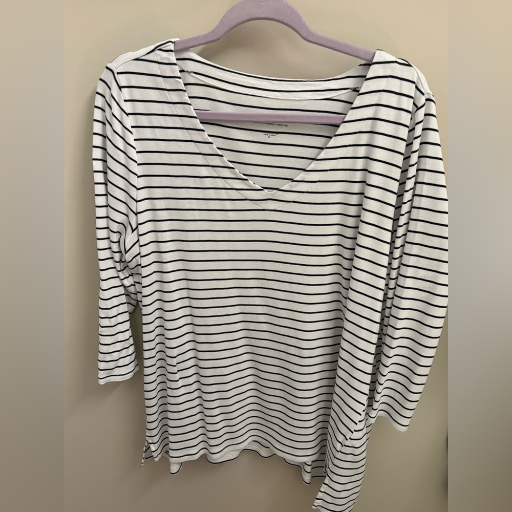 J Jill Pima Cotton Women's Black and White Striped Top 3/4 Sleeve Size XL